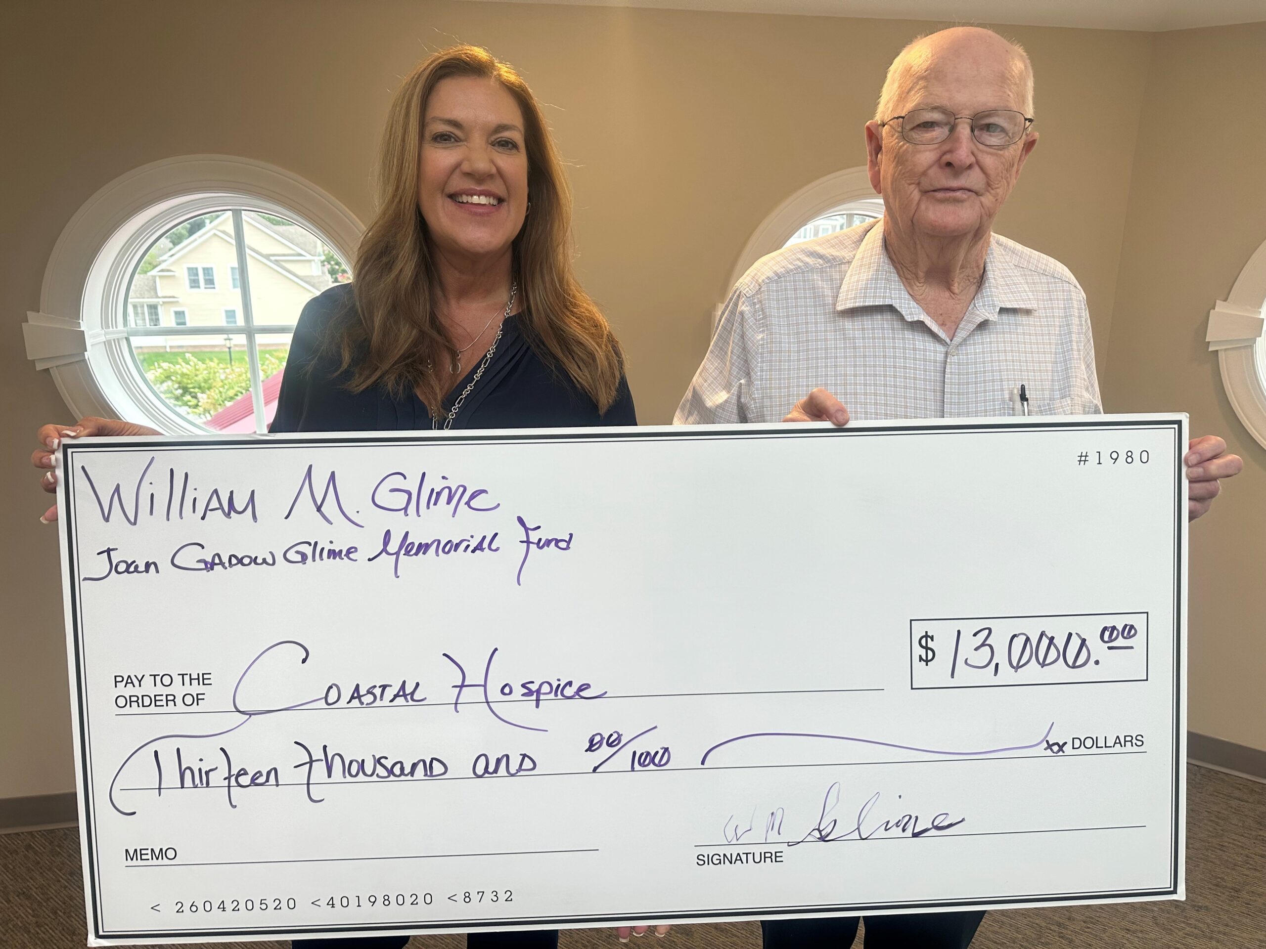 The Macky & Pam Stansell House of Coastal Hospice Receives $13,000 Donation In Memory of Joan Gadow Glime from the JGG Memorial Fund